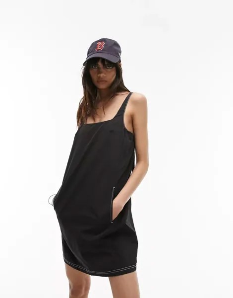 Черный сарафан мини с отстрочкой Topshop