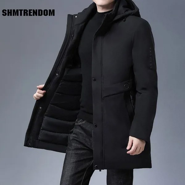 Высококачественная зимняя новая брендовая Повседневная модная утепленная верхняя одежда с капюшоном, парки, куртка, Мужская удлиненная ветровка, пальто, мужская одежда
