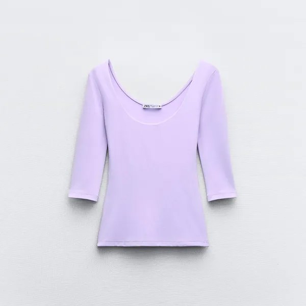 Футболка Zara Polyamide With Round Neckline, сиреневый