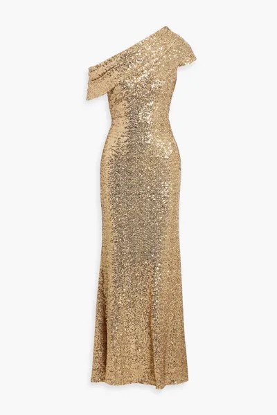 Платье из тюля с пайетками и драпировкой на одно плечо Badgley Mischka, золото