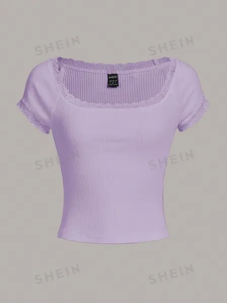 SHEIN Qutie Женская трикотажная футболка с короткими рукавами и кружевным краем, сиреневый фиолетовый