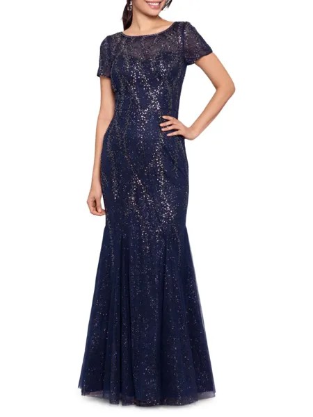 Прозрачное платье русалки с пайетками и бисером Xscape, темно-синий
