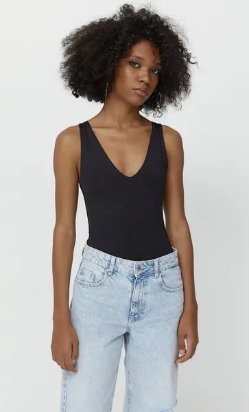 Stradivarius Боди Из Полиамида С V-Образным Вырезом Черный Xl