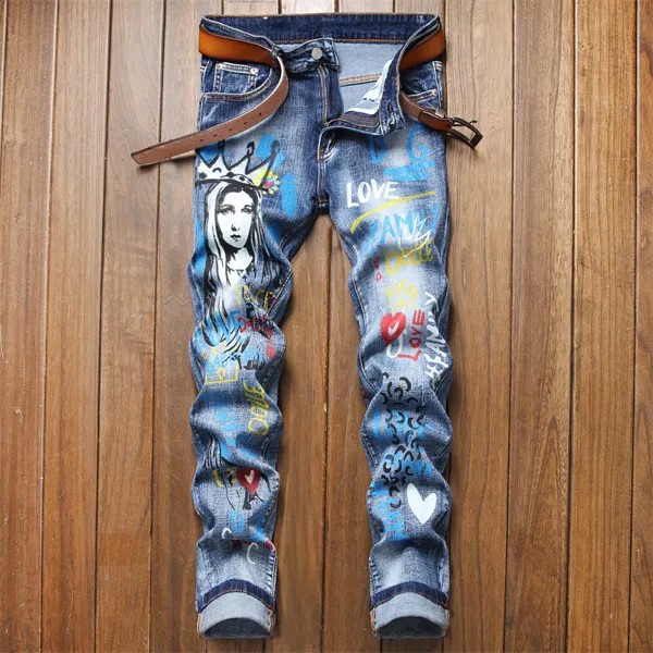 Мужские модные джинсовые брюки с принтом, высококачественные облегающие эластичные джинсы, уличные модные сексуальные синие джинсы, повсе...