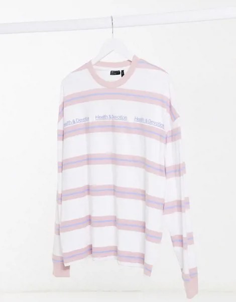Лавандовый oversize-лонгслив в полоску с текстовым принтом 
