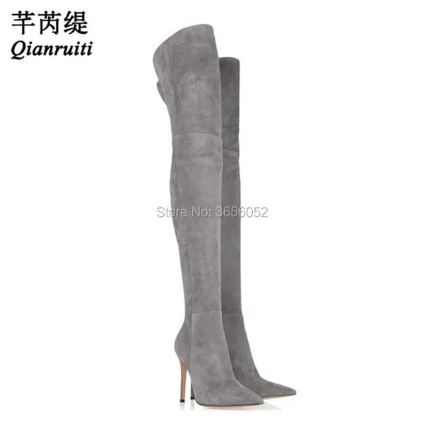 Qianruiti/Botines Mujer; цвет черный, серый, абрикосовый; пикантные женские туфли из искусственной замши на шпильке; очень длинные ботинки; высокие сап...