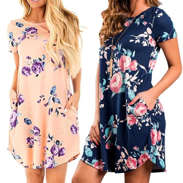 Летом цветочные печати Pocket платье летом короткий рукав тонкий рубашки большой подол короткая юбка