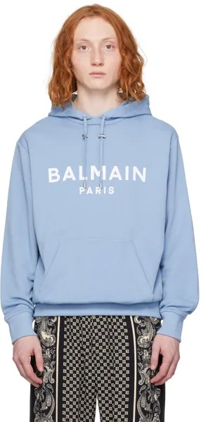 Синий худи с принтом Balmain