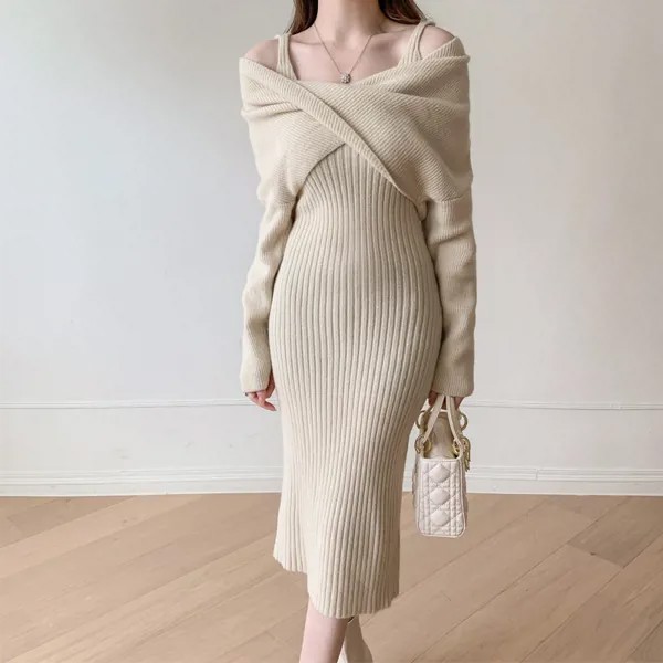 Женское шерстяное платье-футляр, элегантный вязаный длинный пуловер абрикосового цвета с рукавом реглан, Осень-зима 2022