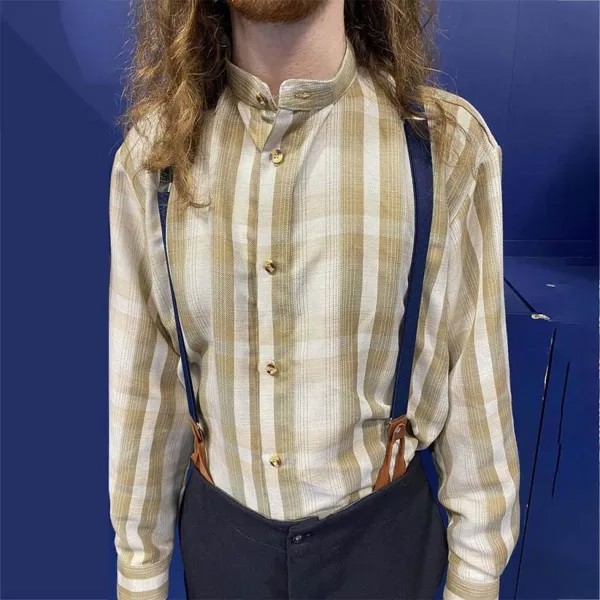 Мужская рубашка без воротника в винтажную клетку Повседневные топы с длинными рукавами цвета хаки