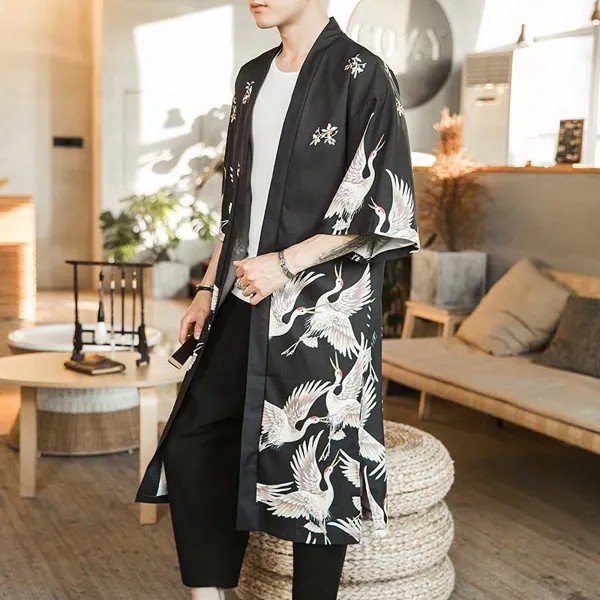 Мужчины Винтаж Длинный халат Японский Кимоно Пальто Свободный Юката Верхняя одежда Модные топы