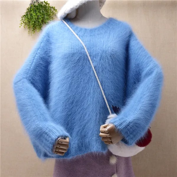 Высококачественный Женский зимний пушистый норковый кашемировый вязаный короткий пуловер с рукавом «летучая мышь» из ангоры