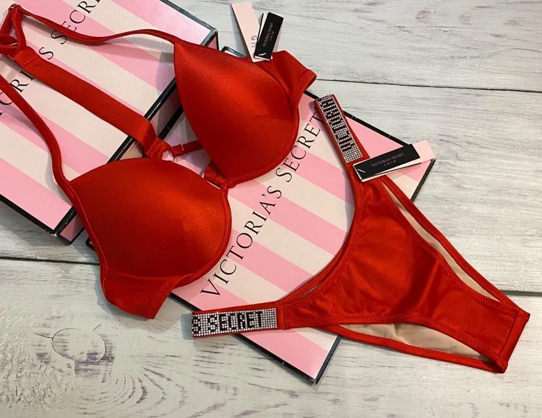 Victoria Secret Shine Strap Fabulous Push Up Top Бразильский комплект для плавания, Cheeky Red