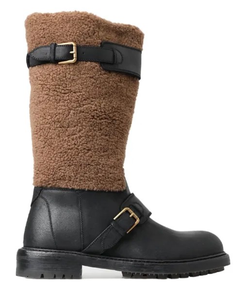 DOLCE - GABBANA Обувь Сапоги Черная кожа Коричневая короткая дубленка EU42 / US9 Рекомендуемая розничная цена 1900 долларов США