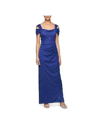 ALEX EVENINGS Женское синее вечернее платье макси с драпировкой и рюшами и короткими рукавами 14