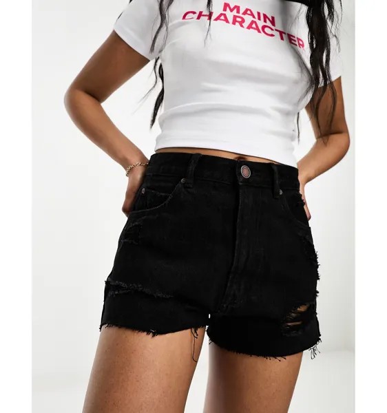 Черные джинсовые рваные шорты Mom с завышенной талией Pull&Bear