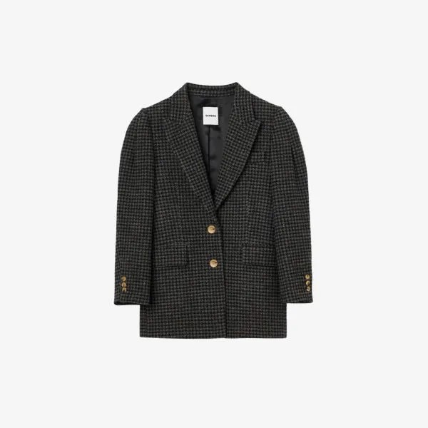 Однобортный шерстяной пиджак с узором «гусиные лапки» Sandro, цвет noir / gris
