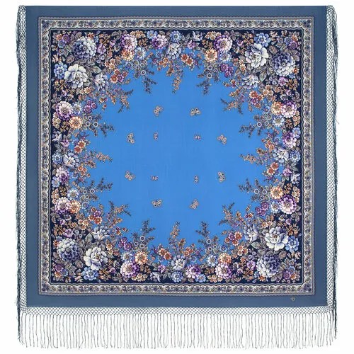 Платок Павловопосадская платочная мануфактура,148х148 см, серый, голубой