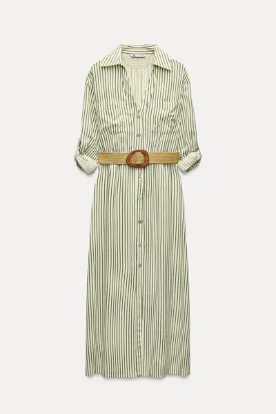 Платье Zara Belted Striped Shirt, кремовый/хаки