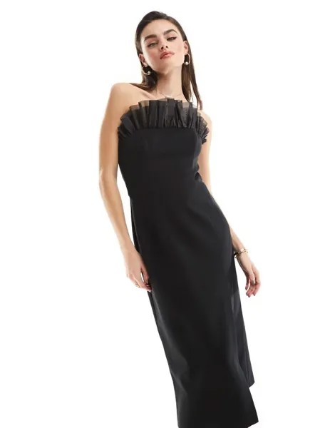 Черное платье-бандо с оборками и разрезом на бедрах French Connection Echo