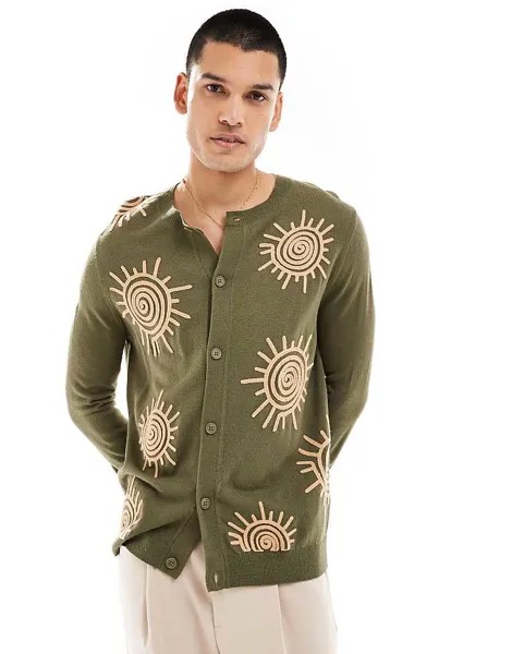 ASOS DESIGN — Вязаный кардиган цвета хаки с вышитым солнечным узором
