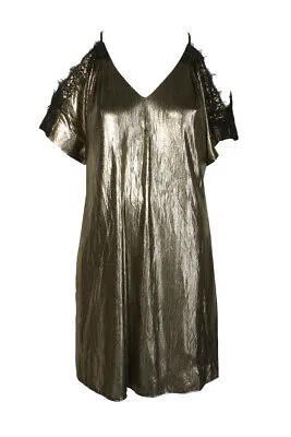 Rachel Rachel Roy Золотое платье прямого кроя с открытыми плечами и кружевной отделкой цвета металлик S
