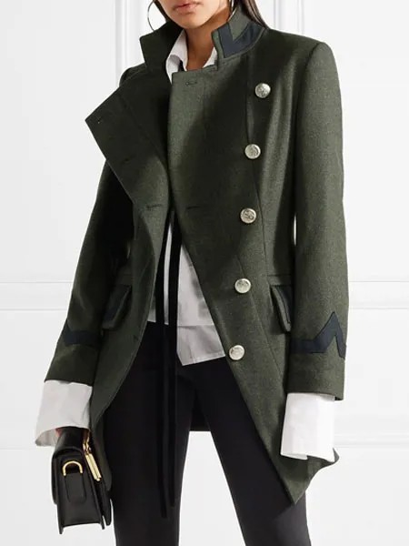 Milanoo Military Wool Coat Women Asymmetrical Buttons Pockets Hunter Green Long Sleeve Winter Coat