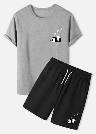 Мужские милые Panda Print Crew Шея Повседневные костюмы из двух частей с шортами