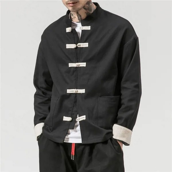 Традиционное китайское пальто в стиле ретро, мужской костюм Тан на осень с длинным рукавом, жакет с воротником-стойкой и пряжкой, Восточная ...