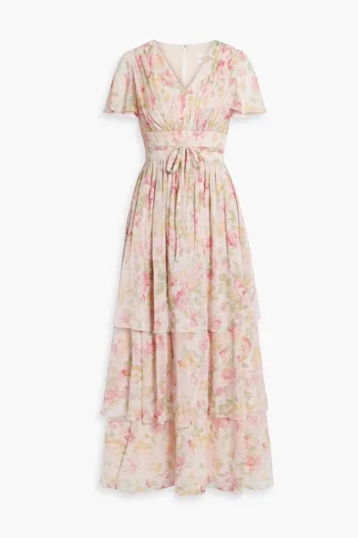 Ярусное платье макси из жоржета с цветочным принтом Mikael Aghal, пастельно-розовый