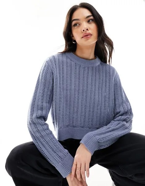 Синий укороченный свитер с круглым вырезом ASOS DESIGN с открытой строчкой