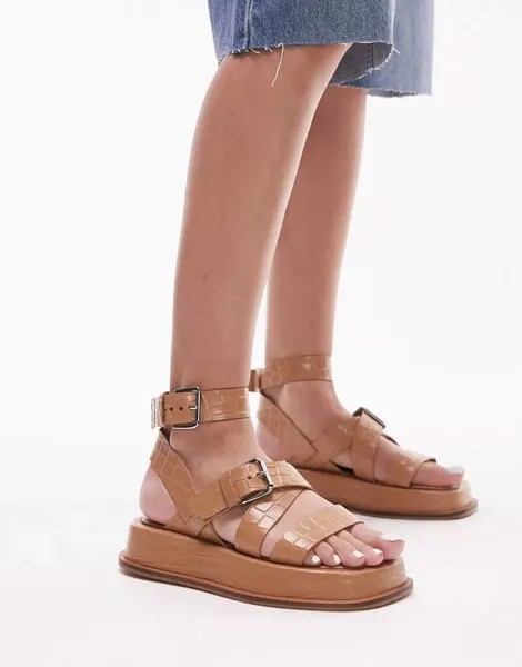 Светло-коричневые кожаные сандалии на плоской подошве с пряжкой Topshop Jax