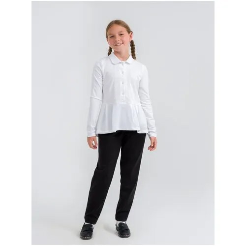 Школьная блуза Sherysheff, полуприлегающий силуэт, на пуговицах, длинный рукав, манжеты, трикотажная, размер 140, белый