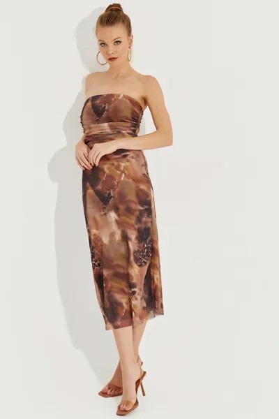 Женское коричневое платье миди из тюля без бретелек Cool & Sexy, коричневый