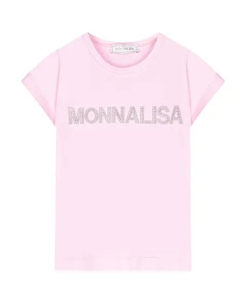 Розовая футболка с лого из стразов Monnalisa
