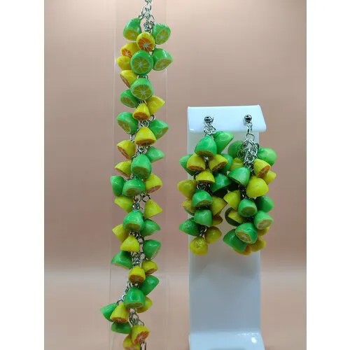 Комплект бижутерии: браслет, серьги, размер браслета 18 см, зеленый, желтый