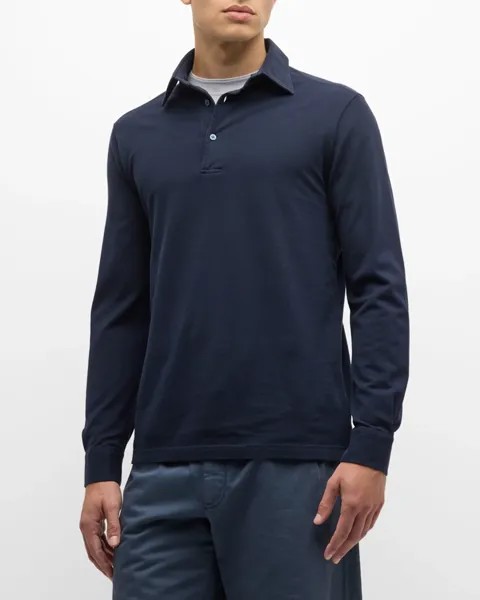 Мужская хлопковая рубашка-поло пике Loro Piana, цвет Blue Navy