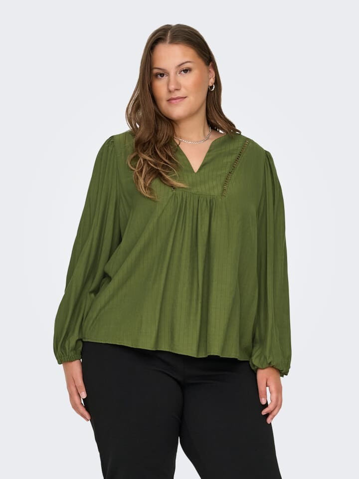 Блуза ONLY Carmakoma Plus Size V Ausschnitt Puffärmel elastische Bündchen, оливковый