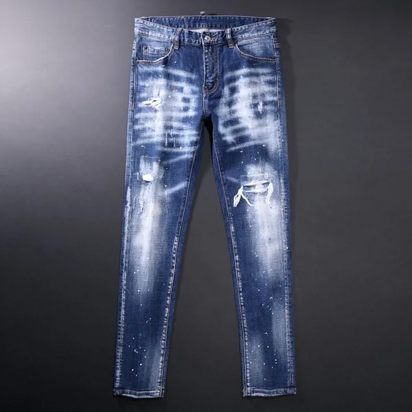 Модные уличные мужские джинсы, эластичные хлопковые потертые Синие рваные джинсы в стиле ретро для мужчин, дизайнерские узкие брюки в стиле...