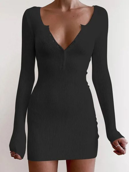 Milanoo Women Sweater Dresses White V Neck Casual Bodycon Dresses Long Sleeves Knitted Pencil Dress