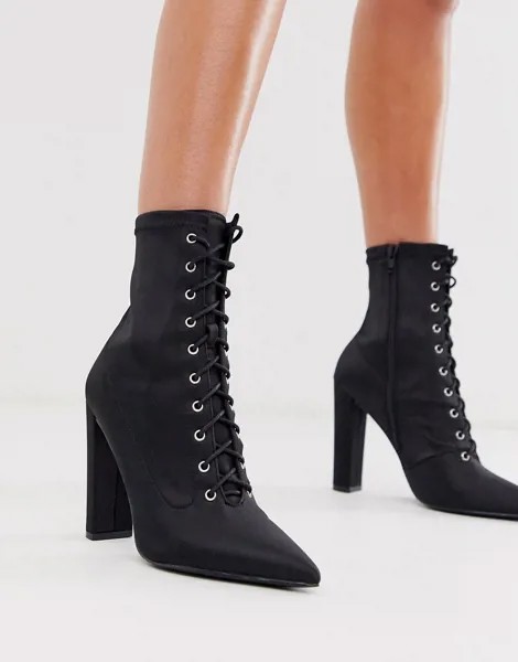 Черные атласные ботинки на блочном каблуке и шнуровке ASOS DESIGN Equals-Черный