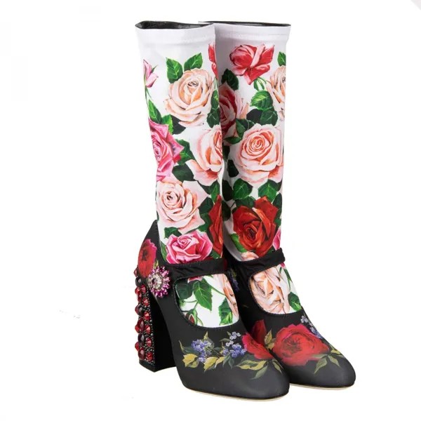 Dolce - Gabbana Эластичные носки с розами Туфли-лодочки Сапоги Vally Черный Белый 09642