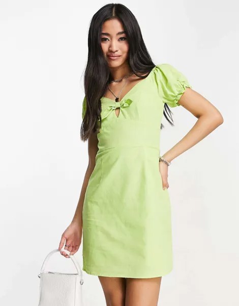 Лаймово-зеленое мини-платье с пышными рукавами и завязкой спереди Collective the Label