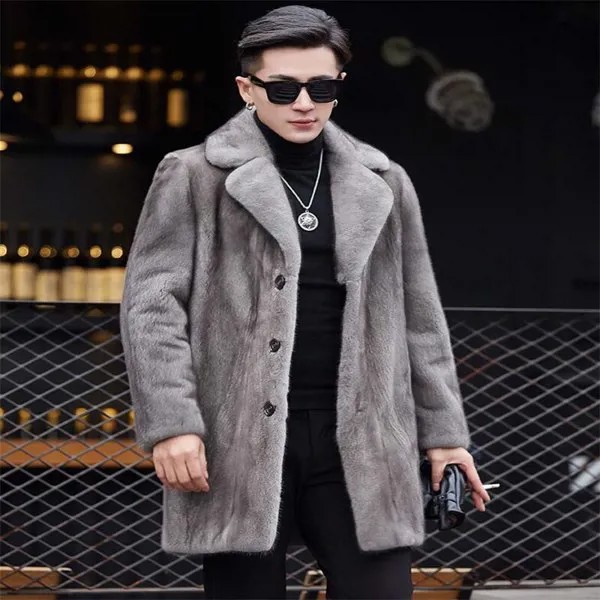 Шуба из меха норки мужская однобортная зимняя новая теплая плотная одежда средней длины серая шуба