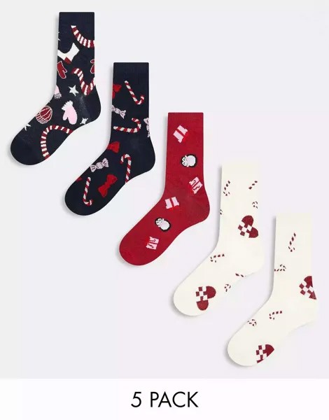 5 пар носков Monki с рождественским принтом темно-синего, красного и бежевого цвета