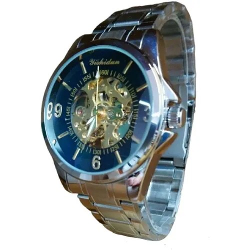 Наручные часы Часы наручные механические /с автоподзаводом, черный циферблат, металлический браслет/Yishidun 7777, золотой, черный