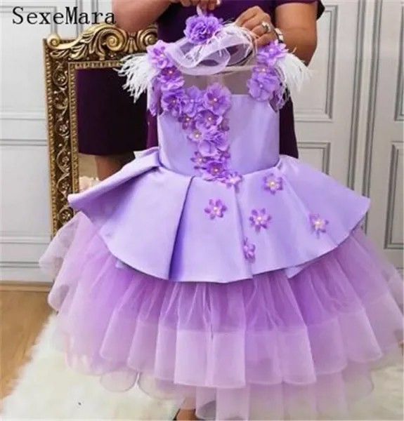Лиловый Тюль Одежда для девочек с 3D цветочными аппликациями бисером Иллюзия спины на заказ платье для девочек