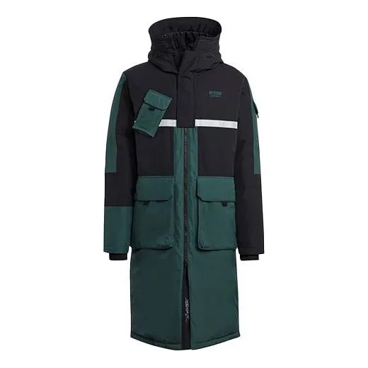 Пуховик adidas originals Long Dwn Jkt Colorblock Casual Sports Stay Warm hooded Down Jacket Green, зеленый