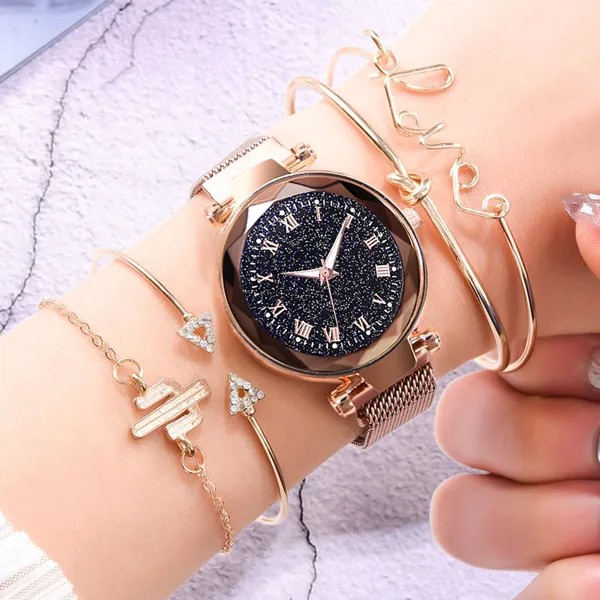1шт блестящие кварцевые наручные часы с циферблатом и 4шт браслет