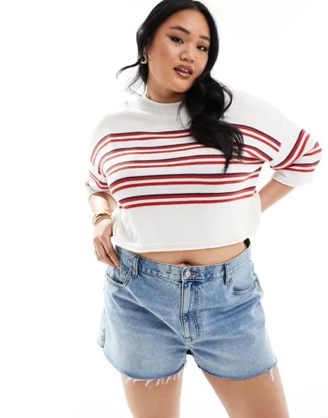 Вязаный джемпер с короткими рукавами в красную полоску ASOS DESIGN Curve